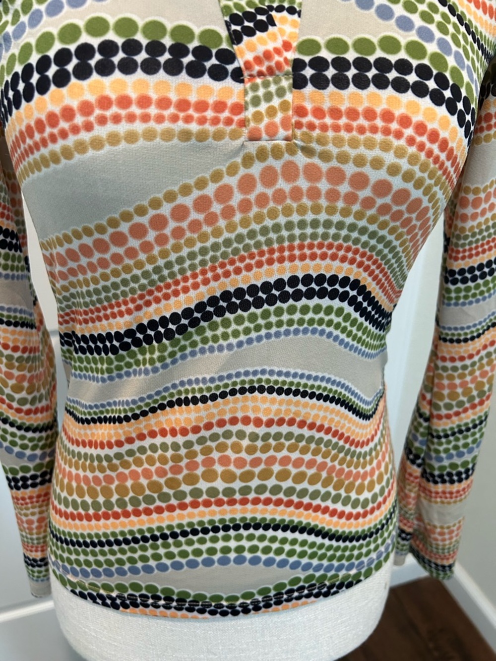 French Kiss Cream Multicolor Dot-Stripe Long Sleeve Top. Polyester.
